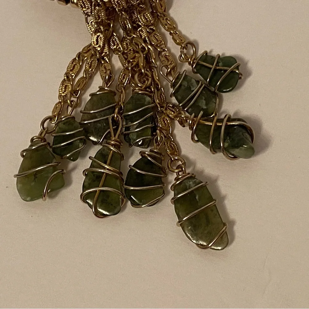 MARINO BROOCH PIN GOLD TONE MESH CIRCLE STRANDS GREEN WRAPPED GLASS DANGLES
